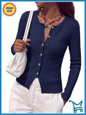 Ribbed Knit Button Front Open Cardigan Long Sleeve Crew Neck Slim Fit Sweater
